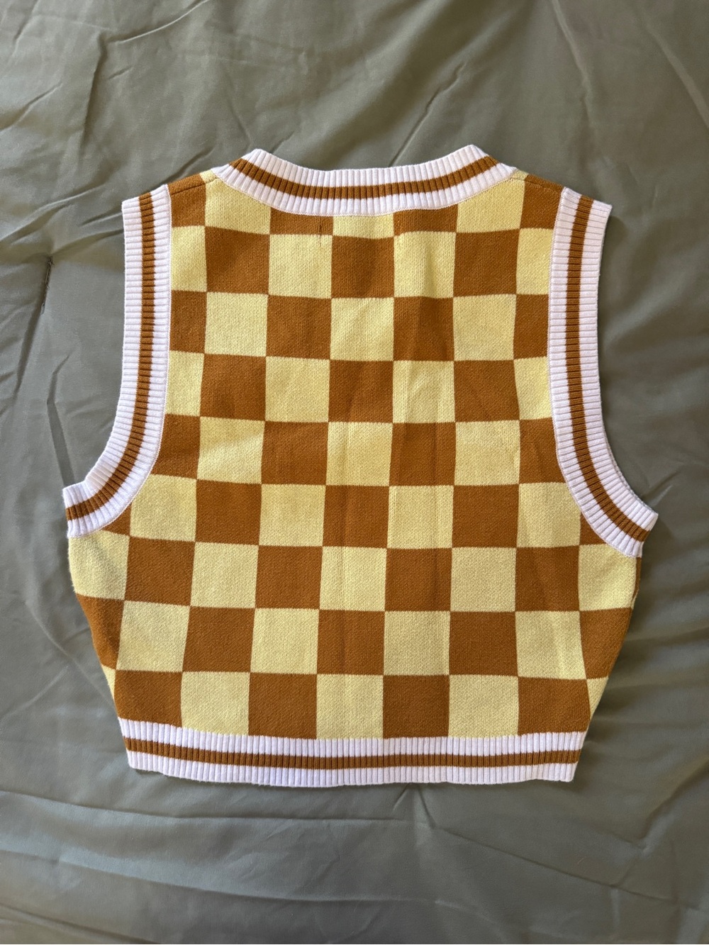 Urban Outfitters Yellow & Brown Checkerboard V-Neck Knit Vest - Picture 2 of 2
